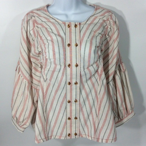 BluHeaven Umgee Women's L Red White Black Stripe Top Bishop Sleeve Button Down - Picture 1 of 9